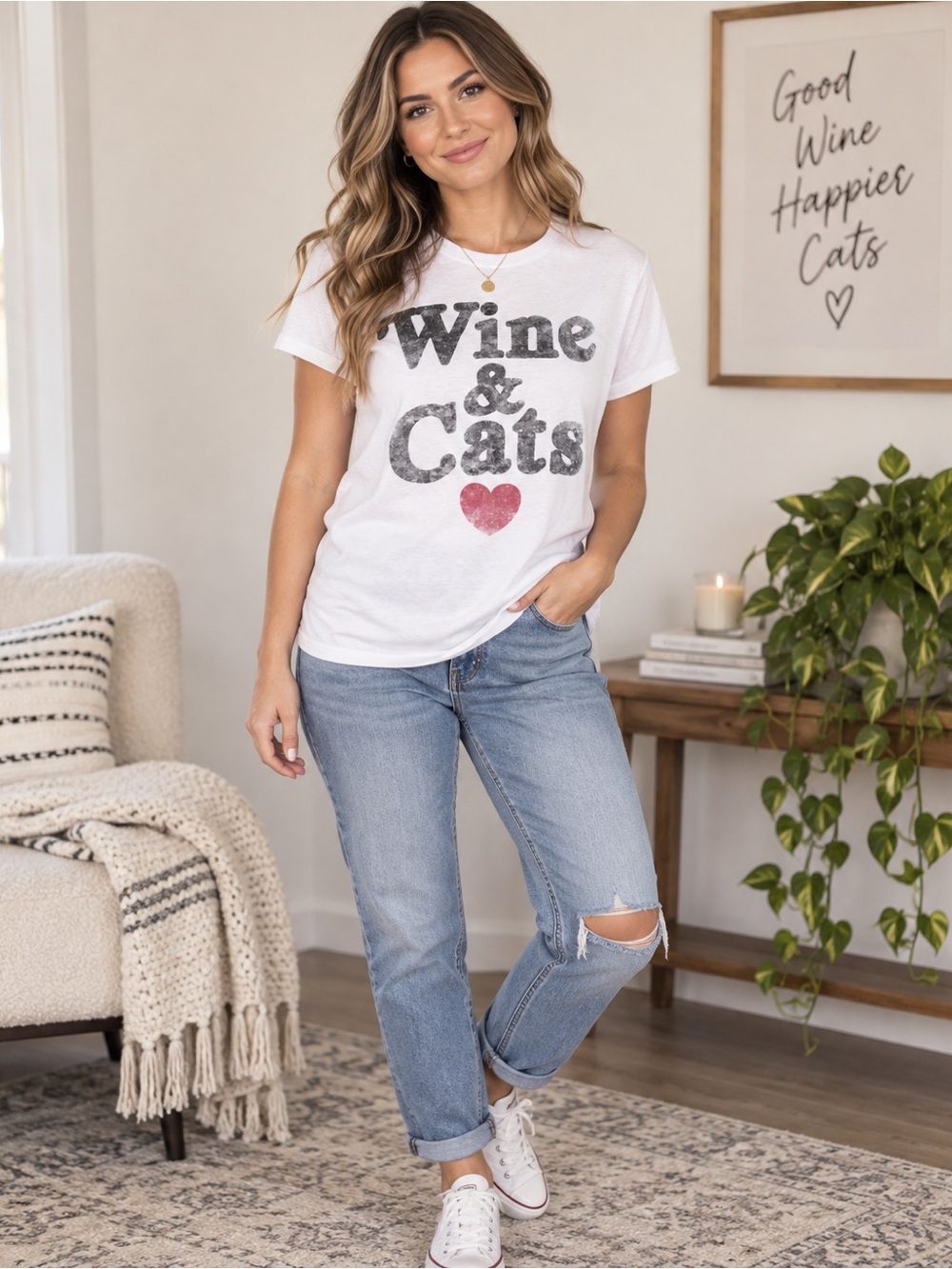 Wine & Cats White Graphic T-Shirt Distressed Heart Tee